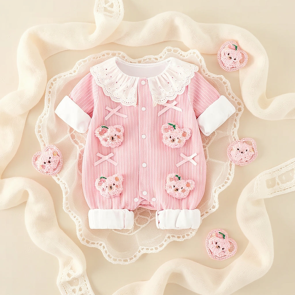 Summer Journey Baby Romper – Pink, Light Yellow & Beige Cute Teddy Cotton Outfit