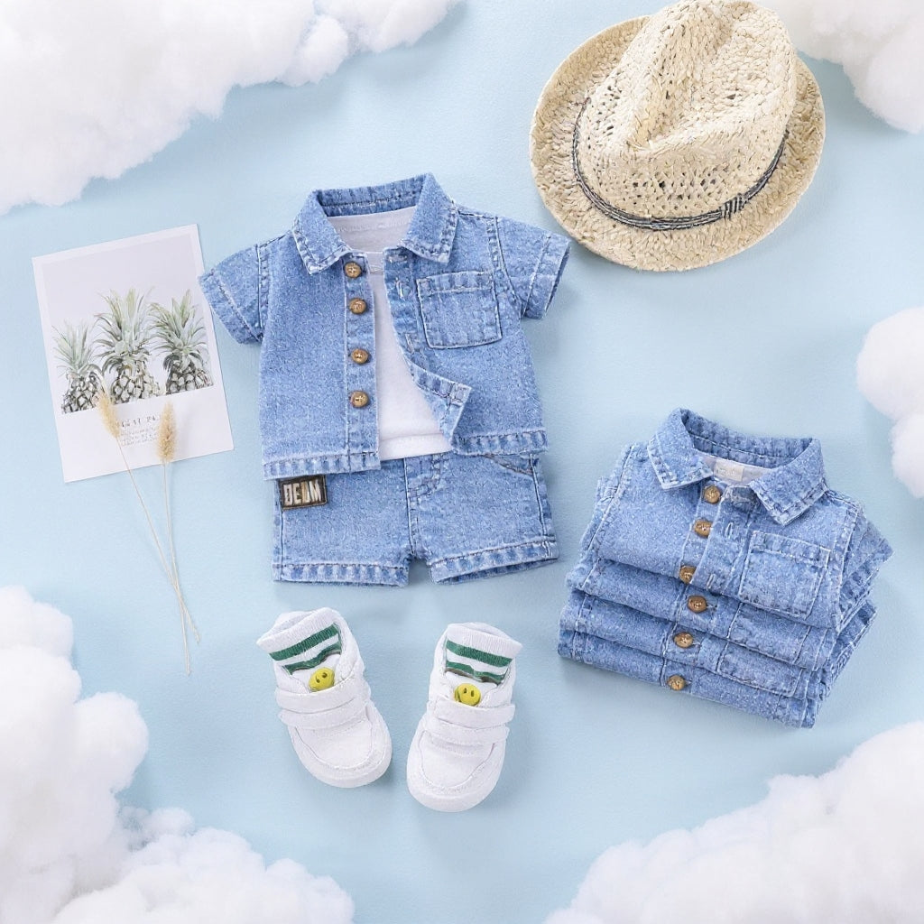 ✨ Cute Baby Denim Outfit Set – Shirt, T-Shirt & Shorts Combo 👶💙