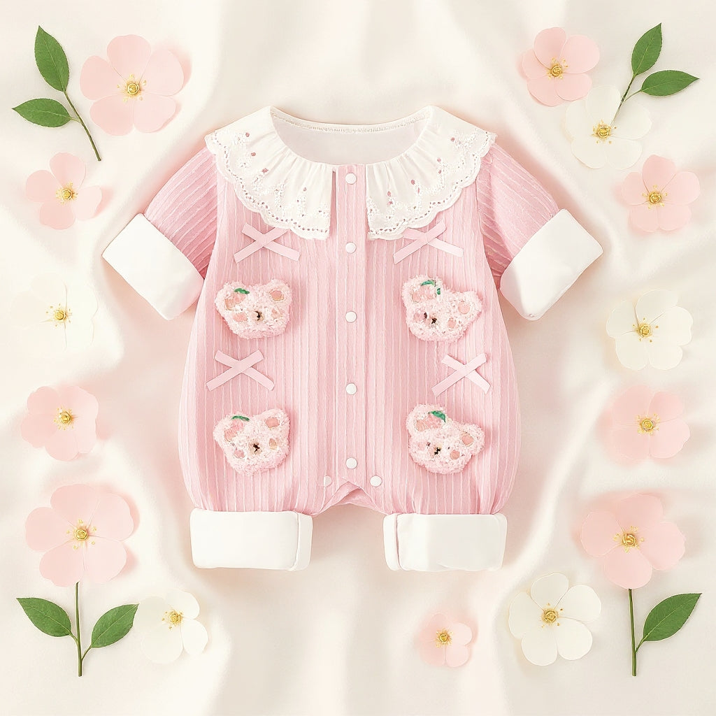 Summer Journey Baby Romper – Pink, Light Yellow & Beige Cute Teddy Cotton Outfit