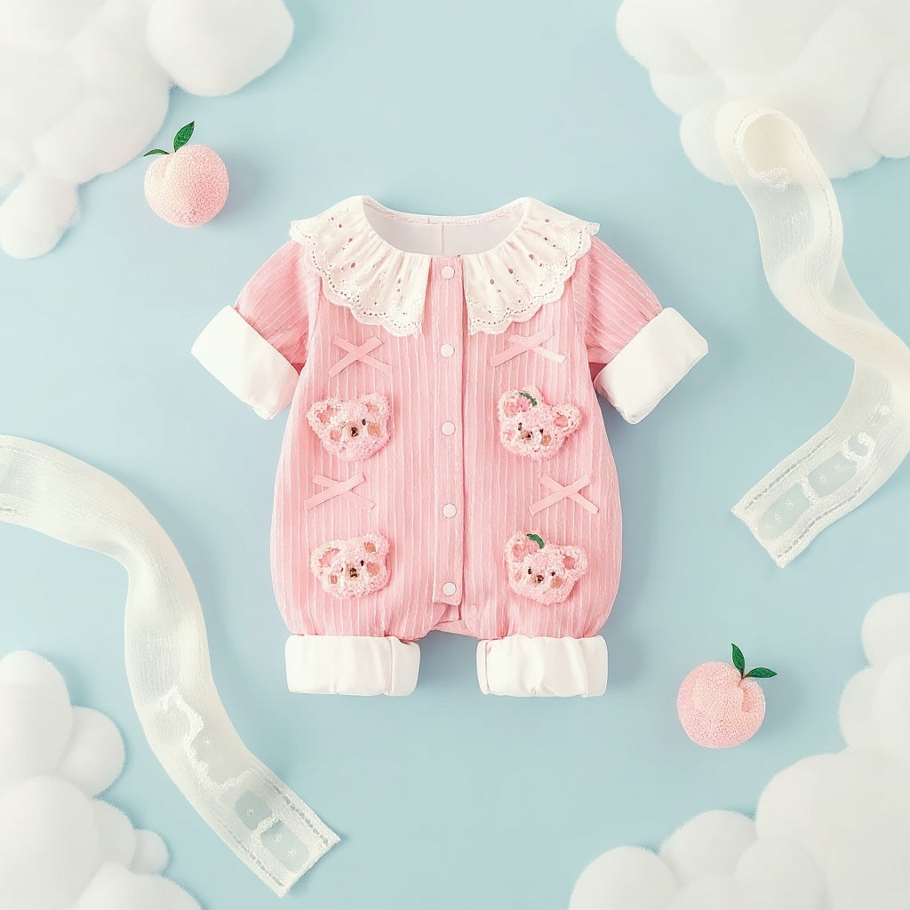 Summer Journey Baby Romper – Pink, Light Yellow & Beige Cute Teddy Cotton Outfit