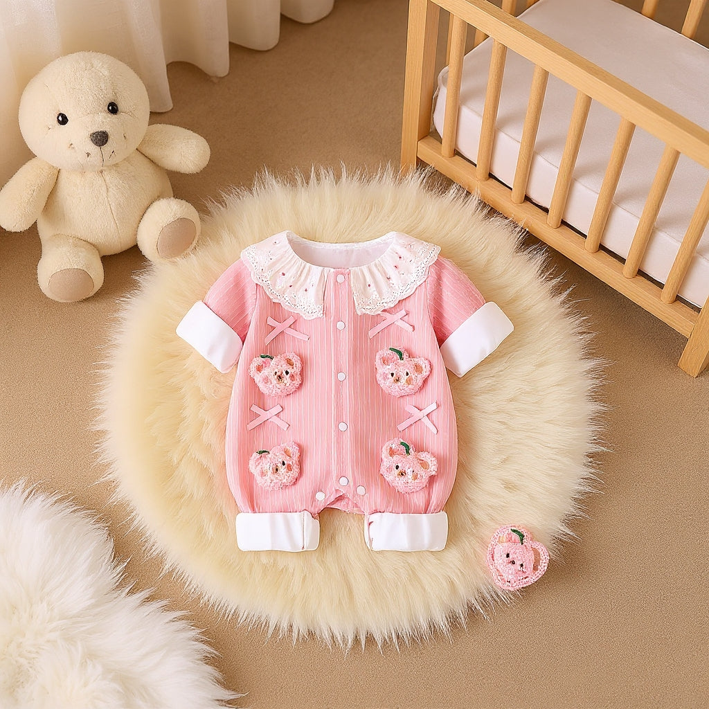 Summer Journey Baby Romper – Pink, Light Yellow & Beige Cute Teddy Cotton Outfit