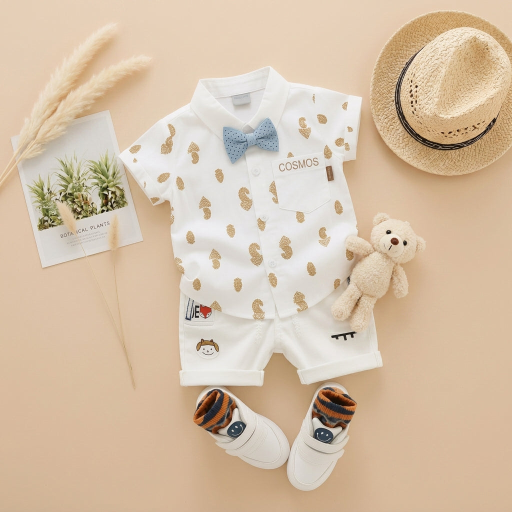 Baby Boys Formal Summer Outfit Set with Bow Tie & Shorts – Available in White, Black & Sky Blue