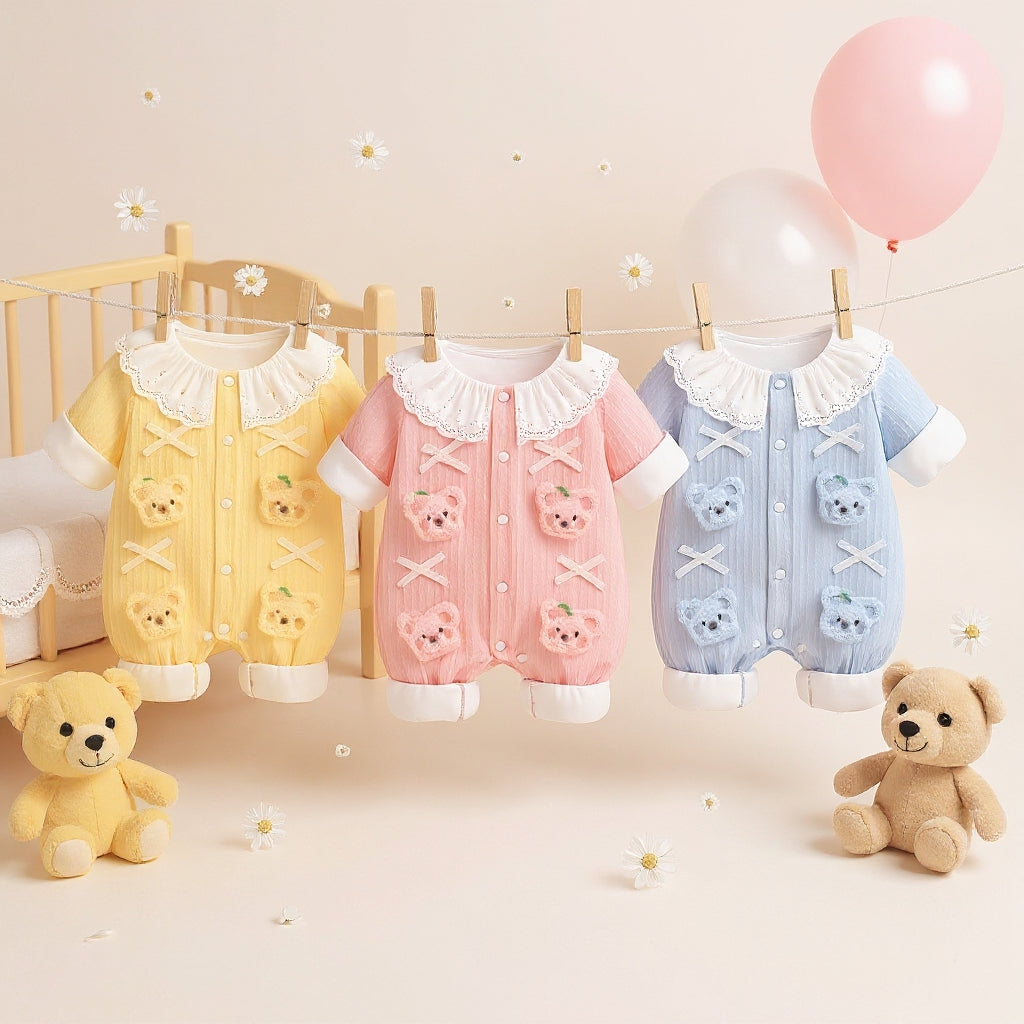 Summer Journey Baby Romper – Pink, Light Yellow & Beige Cute Teddy Cotton Outfit