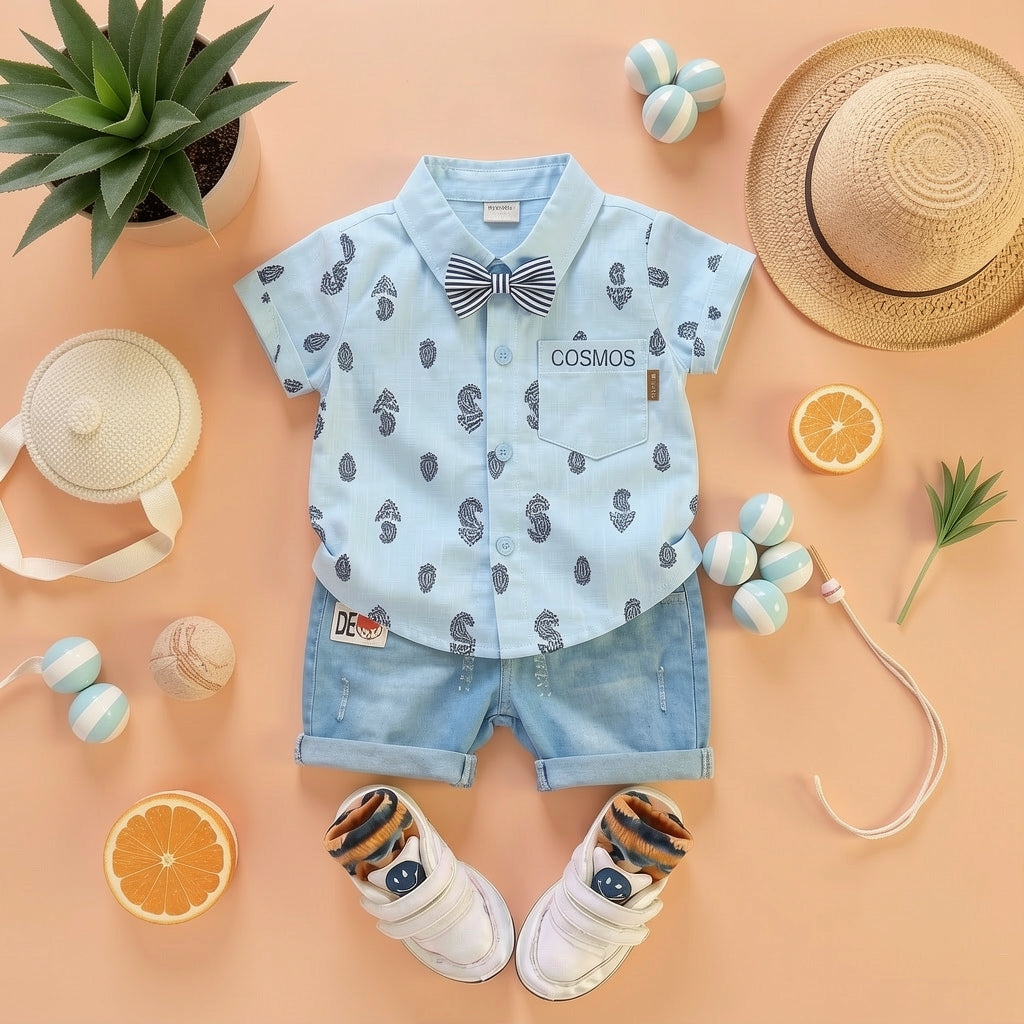 Baby Boys Formal Summer Outfit Set with Bow Tie & Shorts – Available in White, Black & Sky Blue