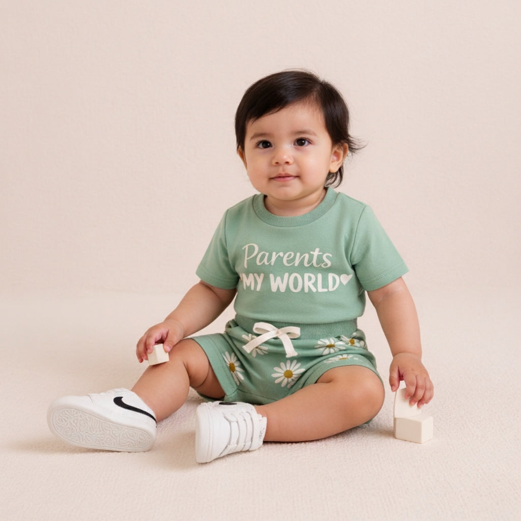 🌸 Parents My World Kids Summer Co-Ord Set 💖 | Soft Cotton T-Shirt & Daisy Shorts Combo (3 Colors, 0–5 Years)