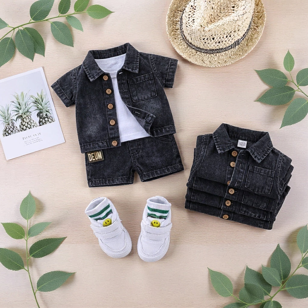 Baby & Kids Denim Co-ord Set | Shirt + T-Shirt + Shorts | Unisex (8M–5Y)