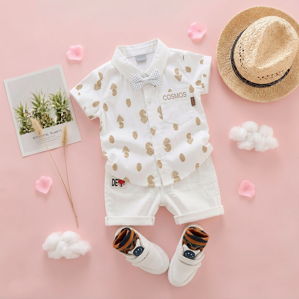 Baby Boys Formal Summer Outfit Set with Bow Tie & Shorts – Available in White, Black & Sky Blue