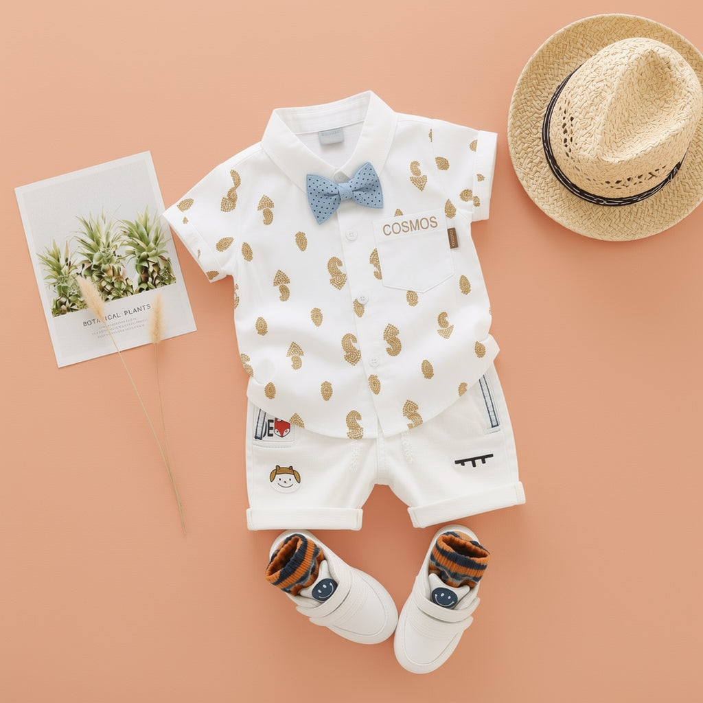 Baby Boys Formal Summer Outfit Set with Bow Tie & Shorts – Available in White, Black & Sky Blue