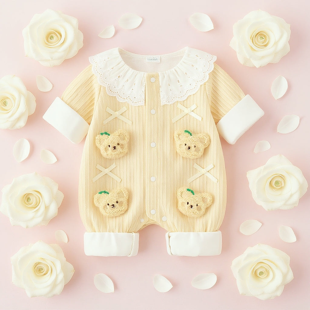 Summer Journey Baby Romper – Pink, Light Yellow & Beige Cute Teddy Cotton Outfit