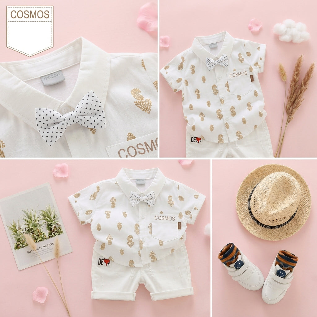 Baby Boys Formal Summer Outfit Set with Bow Tie & Shorts – Available in White, Black & Sky Blue