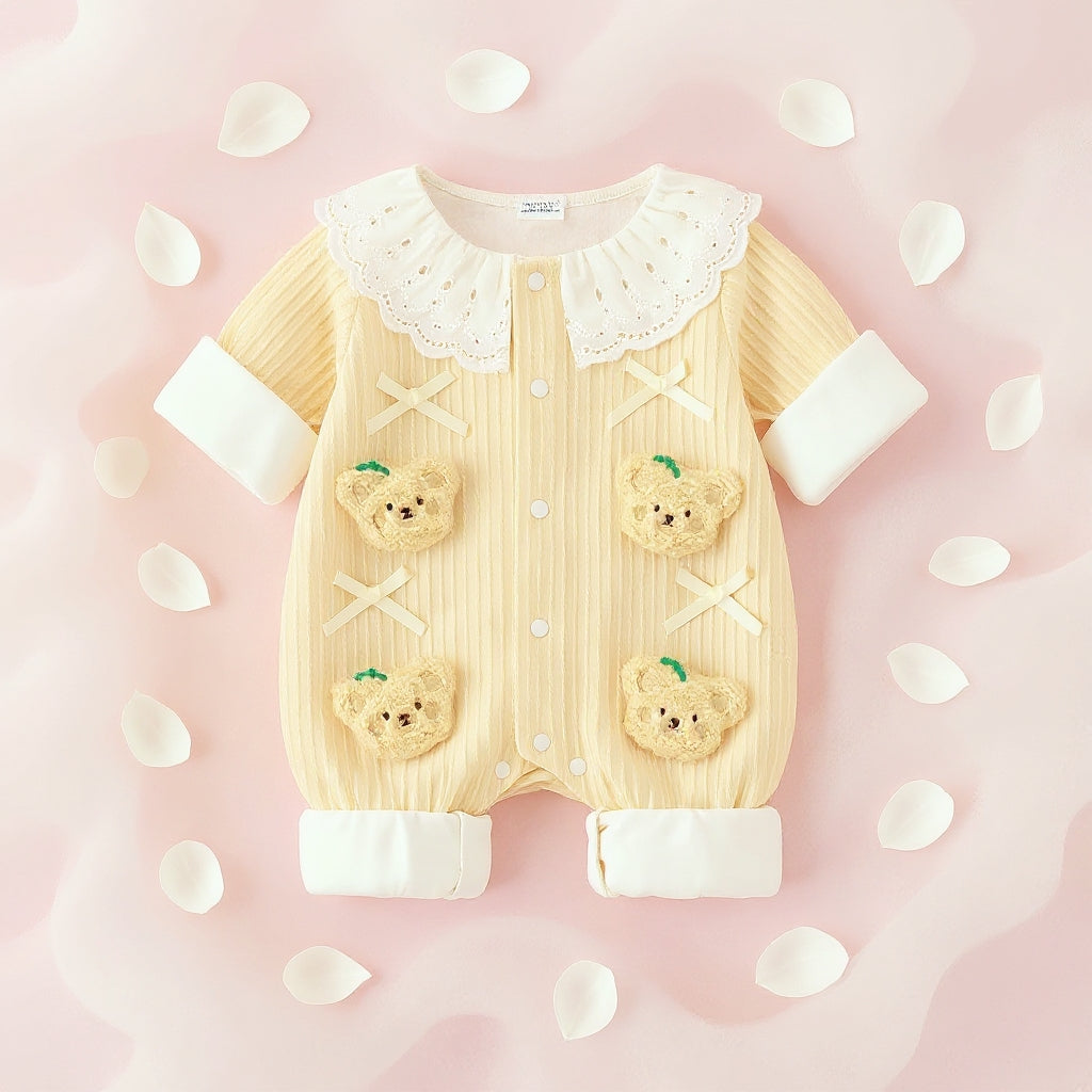 Summer Journey Baby Romper – Pink, Light Yellow & Beige Cute Teddy Cotton Outfit