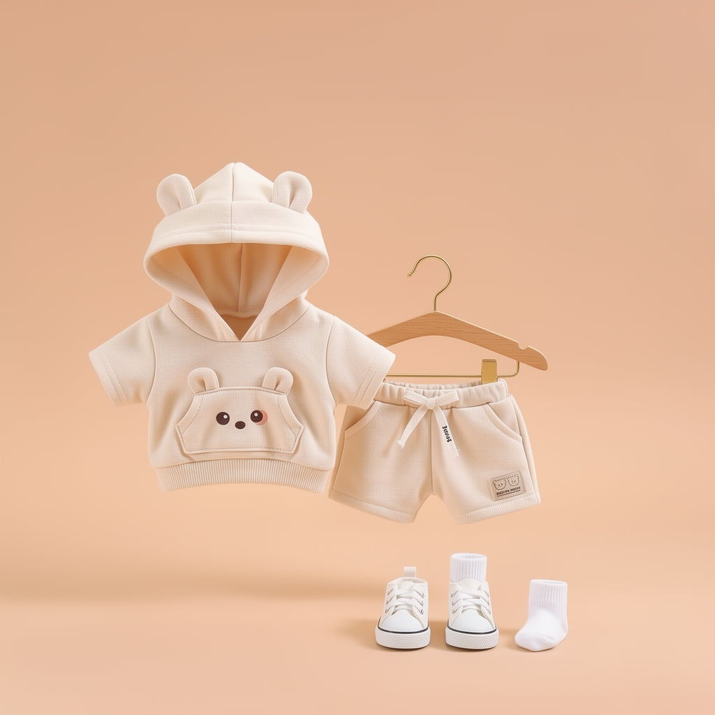 Adorable Bear-Ear Hoodie & Shorts Co-ord Set for Babies – Soft Cotton, Cute Pouch Pocket Design (Cream/Brown)