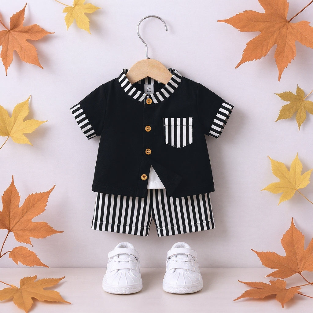 Stylish Kids Summer Co-ord Set | Black & White Striped Half Sleeve Shirt & Shorts Outfit