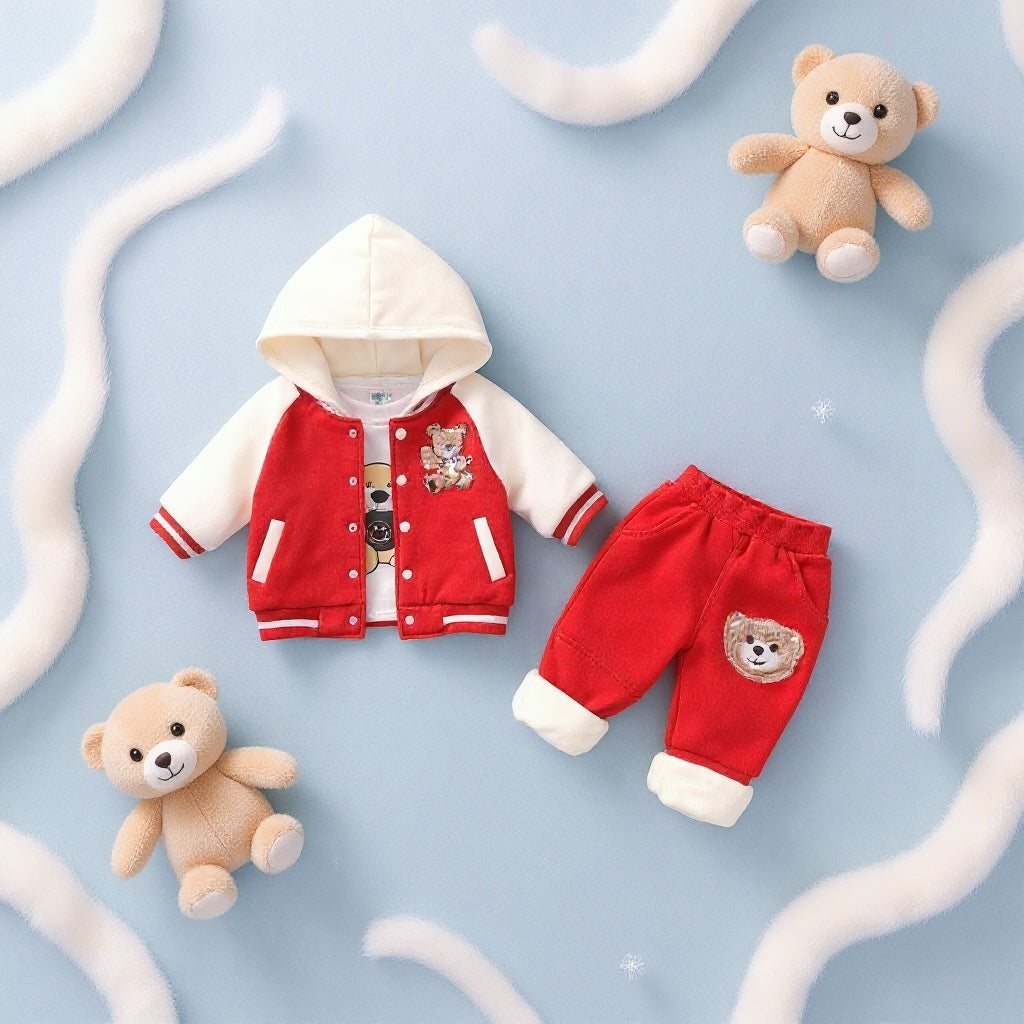 🧸 Cute Teddy Hoodie Boys 3-Piece Co-ord Set 👕✨