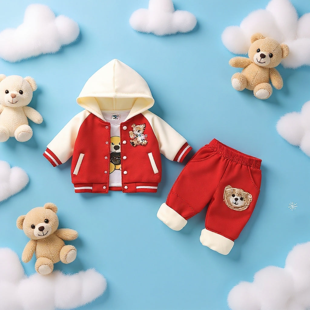🧸 Cute Teddy Hoodie Boys 3-Piece Co-ord Set 👕✨