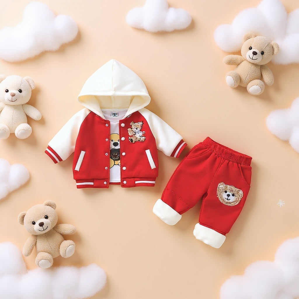 🧸 Cute Teddy Hoodie Boys 3-Piece Co-ord Set 👕✨