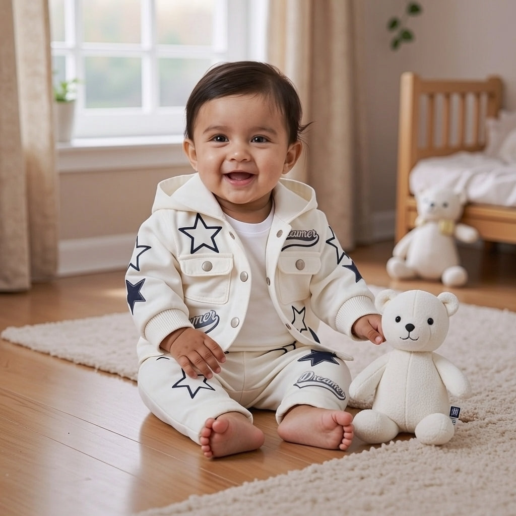 Dreamer Star Denim Jacket & Pants Set for Baby Boys 🌟 Premium 3-Piece Co-ord Set | 4 Colors Available