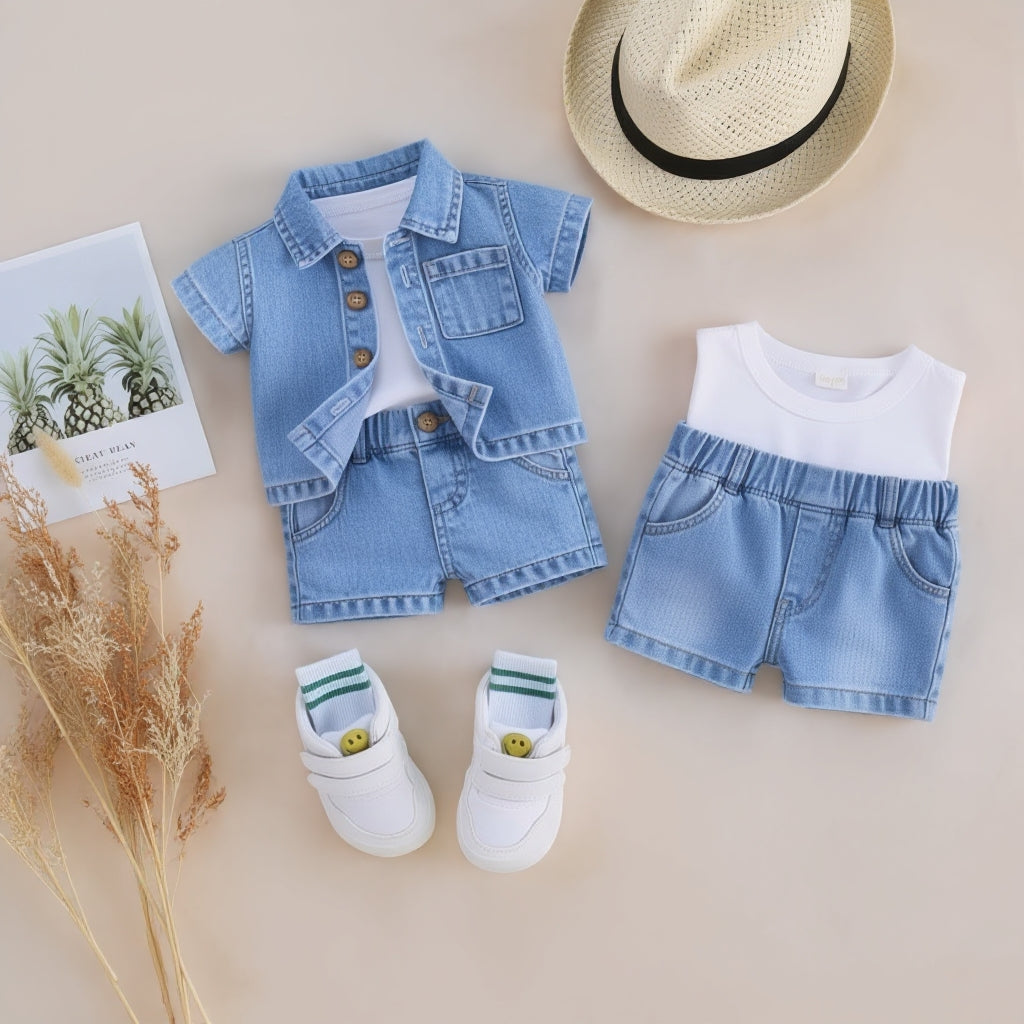 ✨ Cute Baby Denim Outfit Set – Shirt, T-Shirt & Shorts Combo 👶💙