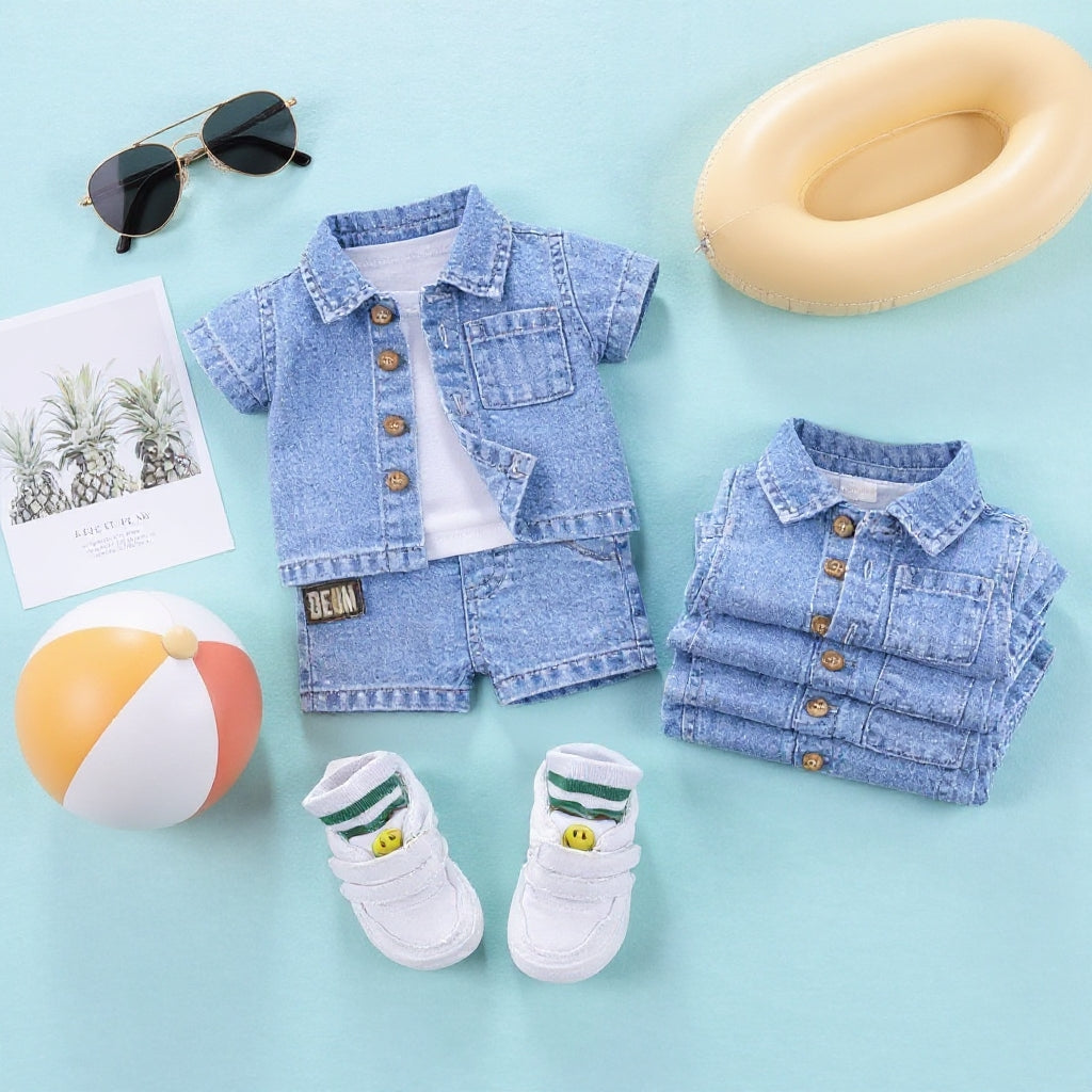 ✨ Cute Baby Denim Outfit Set – Shirt, T-Shirt & Shorts Combo 👶💙