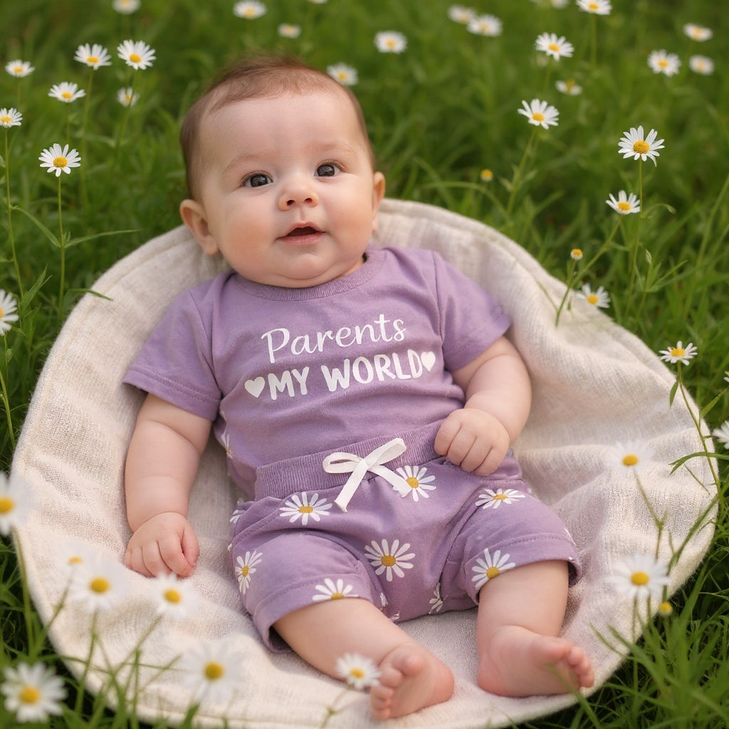 🌸 Parents My World Kids Summer Co-Ord Set 💖 | Soft Cotton T-Shirt & Daisy Shorts Combo (3 Colors, 0–5 Years)