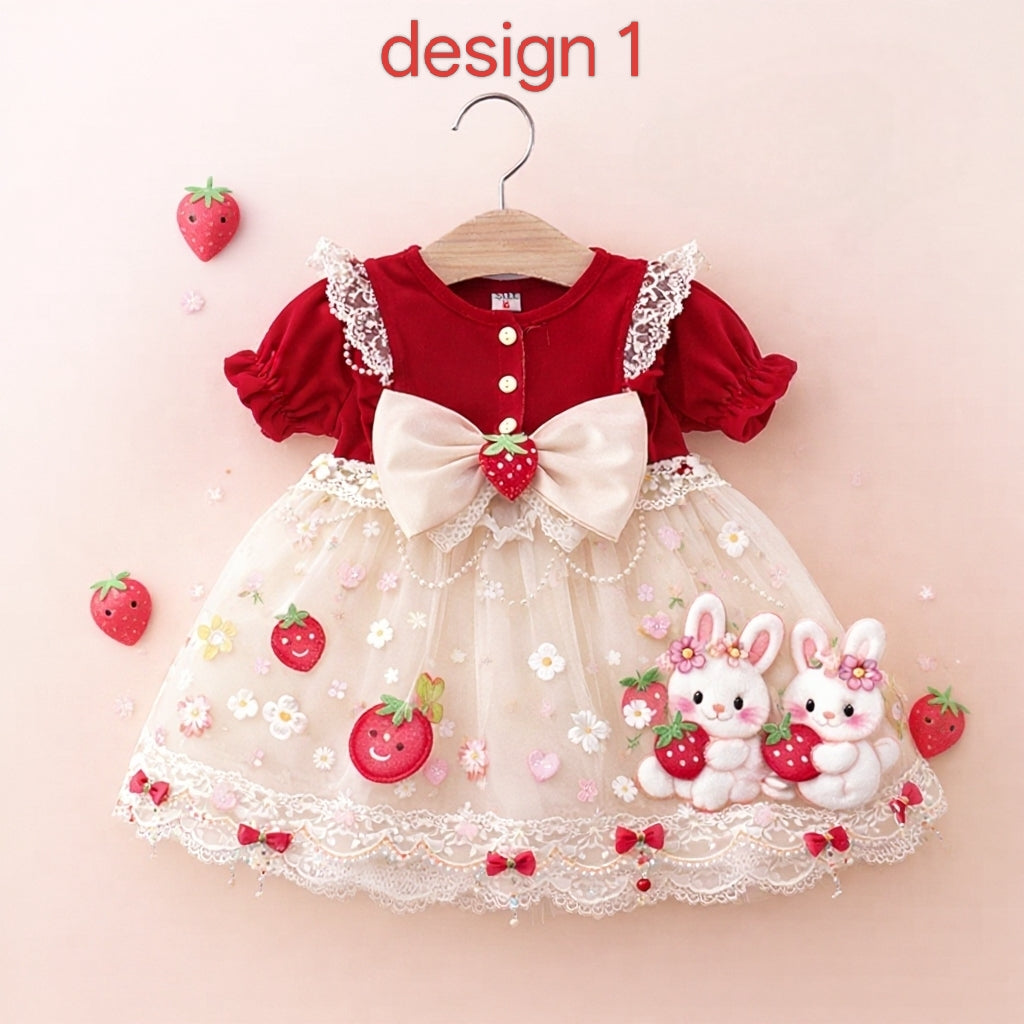 🍓 Cute Bunny Strawberry Baby Girl Party Dress 🎀