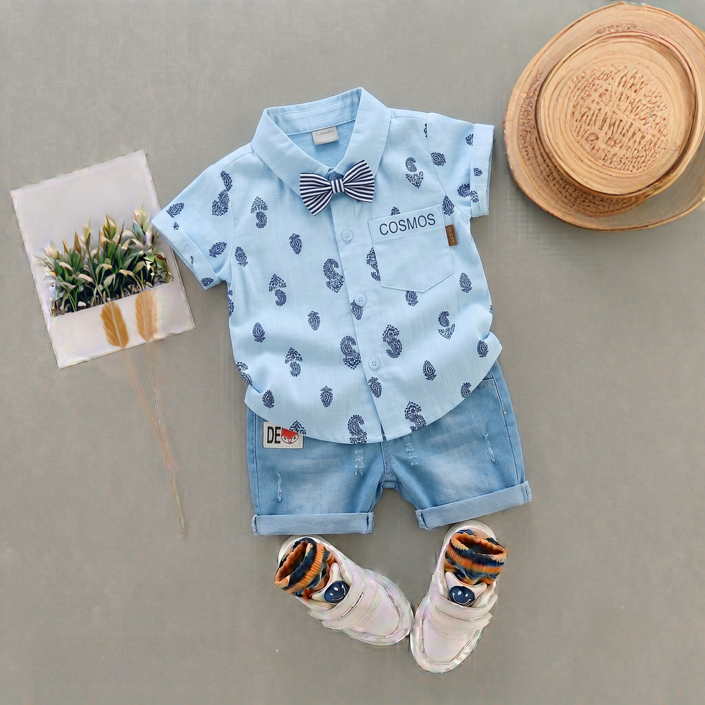 Baby Boys Formal Summer Outfit Set with Bow Tie & Shorts – Available in White, Black & Sky Blue