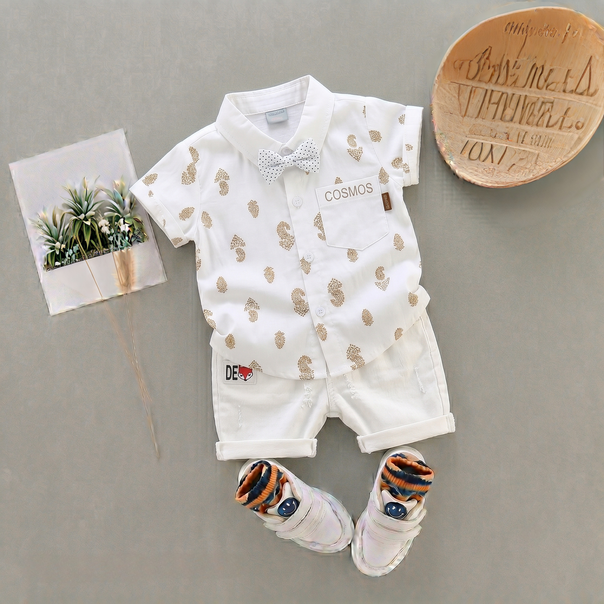 Baby Boys Formal Summer Outfit Set with Bow Tie & Shorts – Available in White, Black & Sky Blue