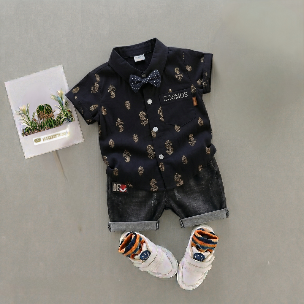 Baby Boys Formal Summer Outfit Set with Bow Tie & Shorts – Available in White, Black & Sky Blue