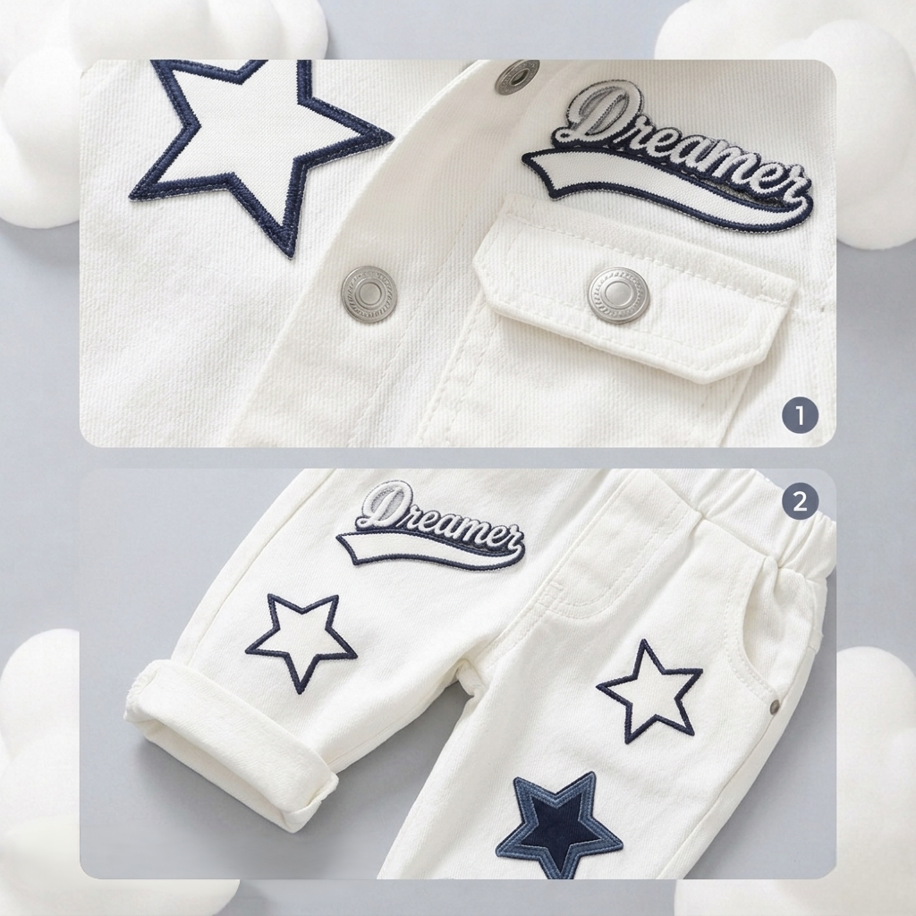 Dreamer Star Denim Jacket & Pants Set for Baby Boys 🌟 Premium 3-Piece Co-ord Set | 4 Colors Available