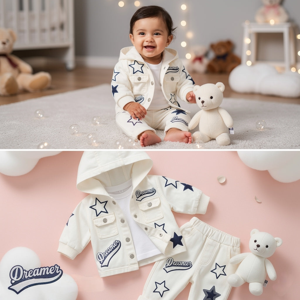 Dreamer Star Denim Jacket & Pants Set for Baby Boys 🌟 Premium 3-Piece Co-ord Set | 4 Colors Available