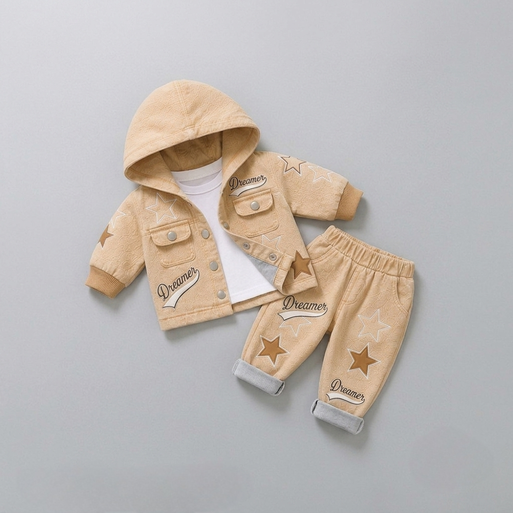 Dreamer Star Denim Jacket & Pants Set for Baby Boys 🌟 Premium 3-Piece Co-ord Set | 4 Colors Available