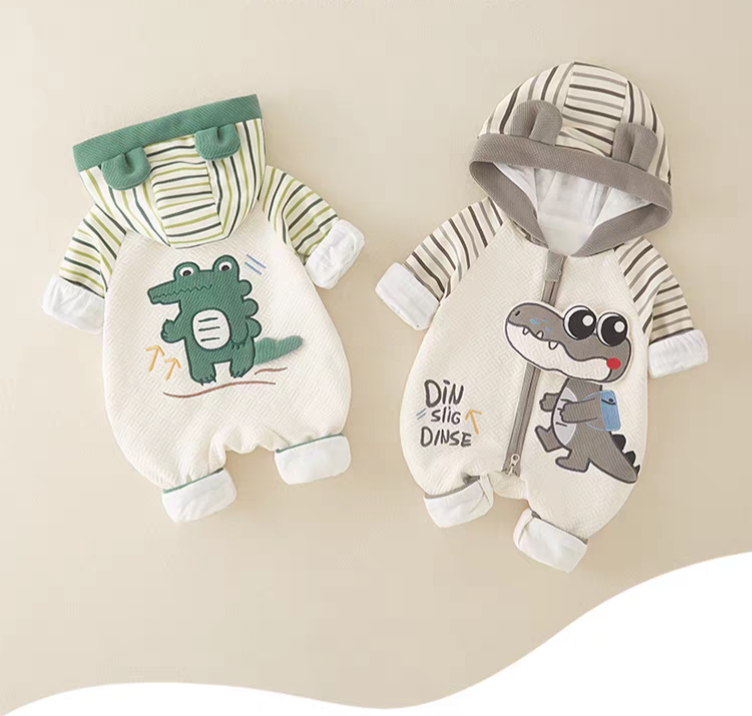 Baby Dino Crocodile Print Hooded Romper – Lightweight Summer Cotton Jumpsuit for Boys & Girls | Available in Green & Grey
