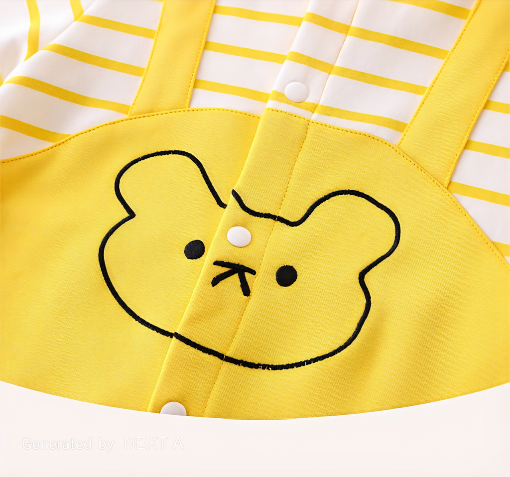 Baby Yellow Bear Print Romper with Bucket Hat – Lightweight Summer Cotton Jumpsuit for Boys & Girls