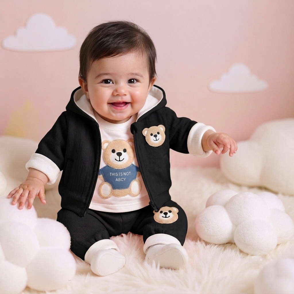 🧸 Cute Bear Hoodie 3-Piece Baby Clothing Set | Soft Cotton Blend Jacket, T-Shirt & Jogger Pant | Premium Kids Outfit | Unisex | All Season Wear (0-5 Years)