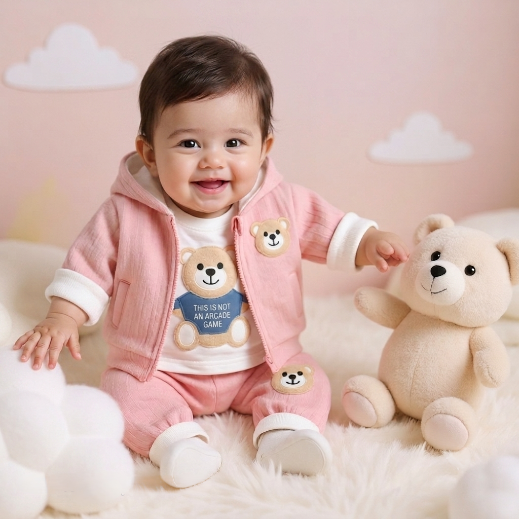 🧸 Cute Bear Hoodie 3-Piece Baby Clothing Set | Soft Cotton Blend Jacket, T-Shirt & Jogger Pant | Premium Kids Outfit | Unisex | All Season Wear (0-5 Years)