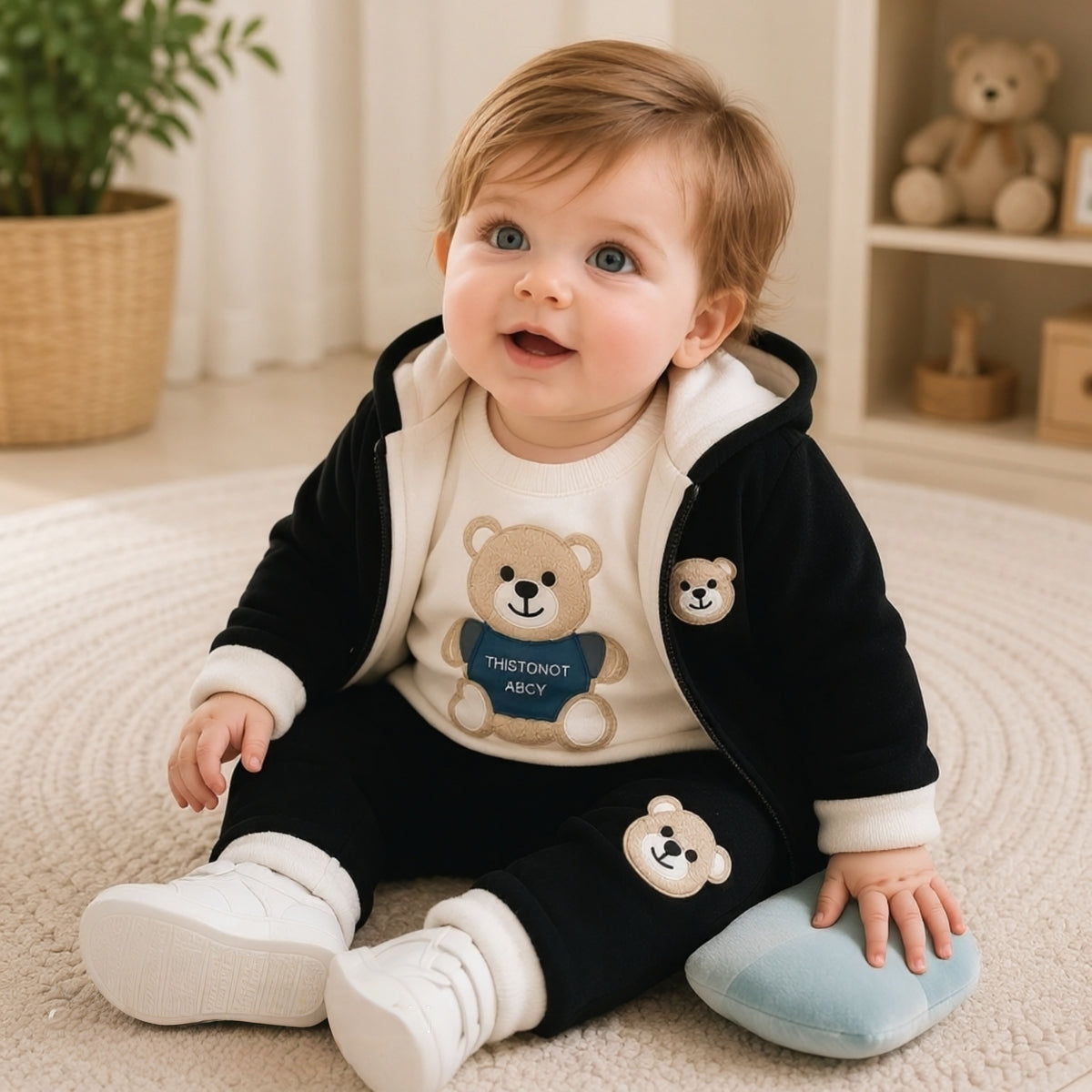 🧸 Cute Bear Hoodie 3-Piece Baby Clothing Set | Soft Cotton Blend Jacket, T-Shirt & Jogger Pant | Premium Kids Outfit | Unisex | All Season Wear (0-5 Years)