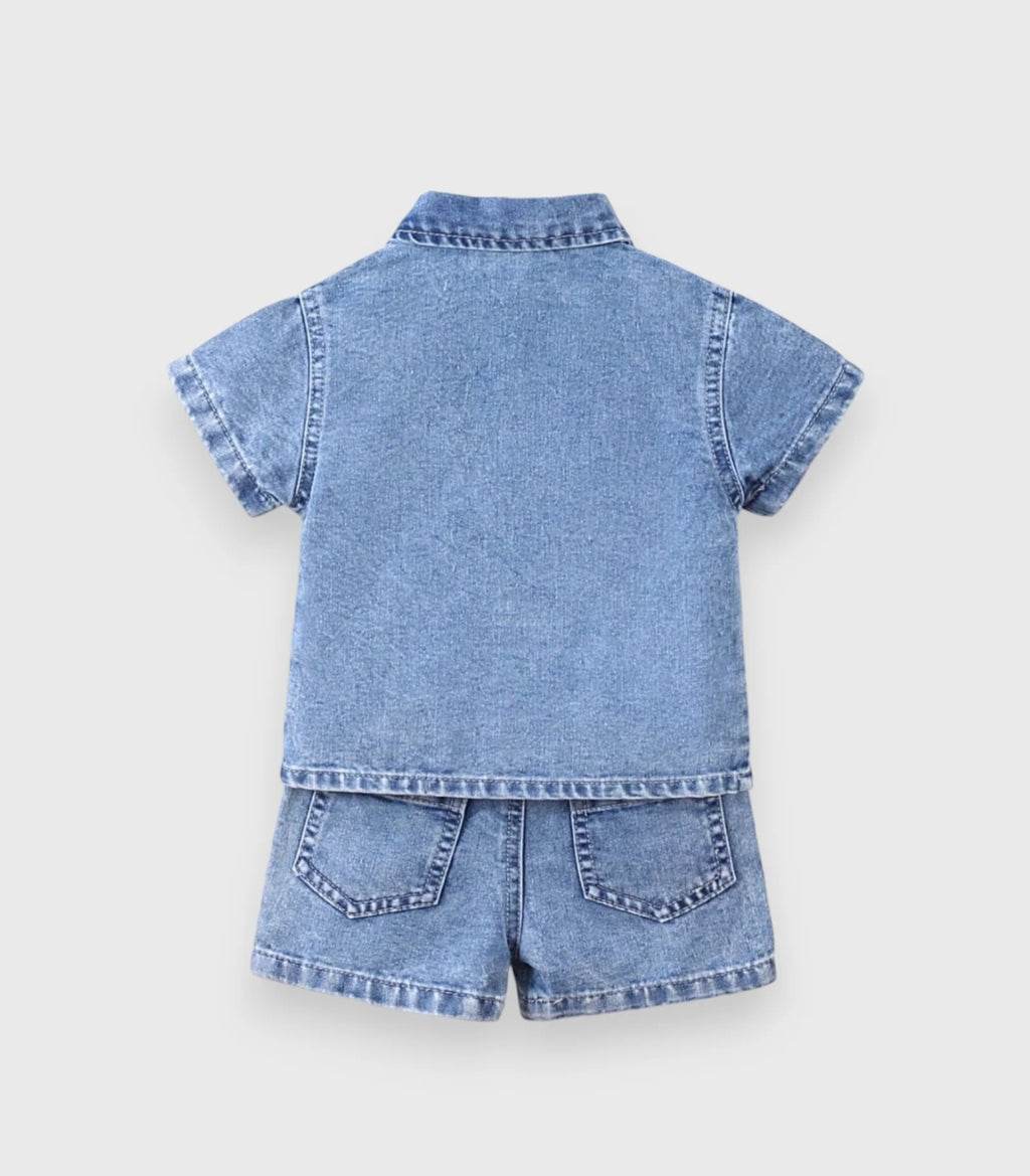 ✨ Cute Baby Denim Outfit Set – Shirt, T-Shirt & Shorts Combo 👶💙