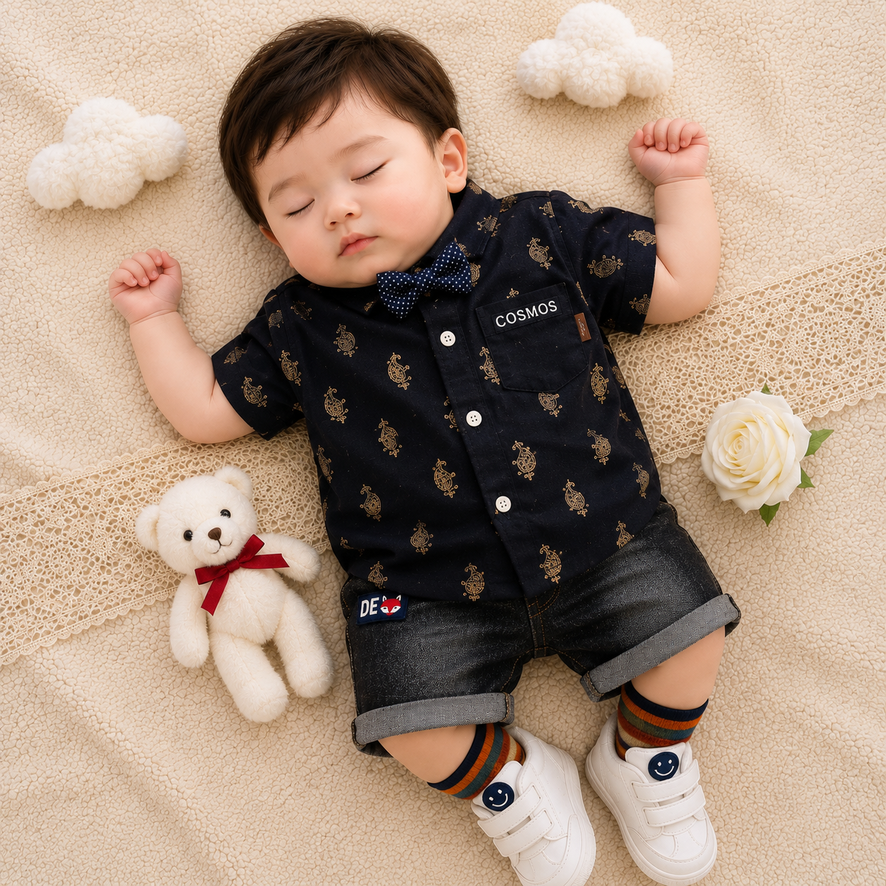 Baby Boys Formal Summer Outfit Set with Bow Tie & Shorts – Available in White, Black & Sky Blue