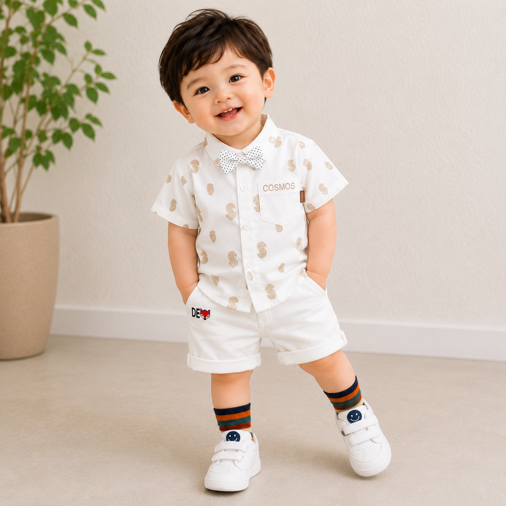 Baby Boys Formal Summer Outfit Set with Bow Tie & Shorts – Available in White, Black & Sky Blue