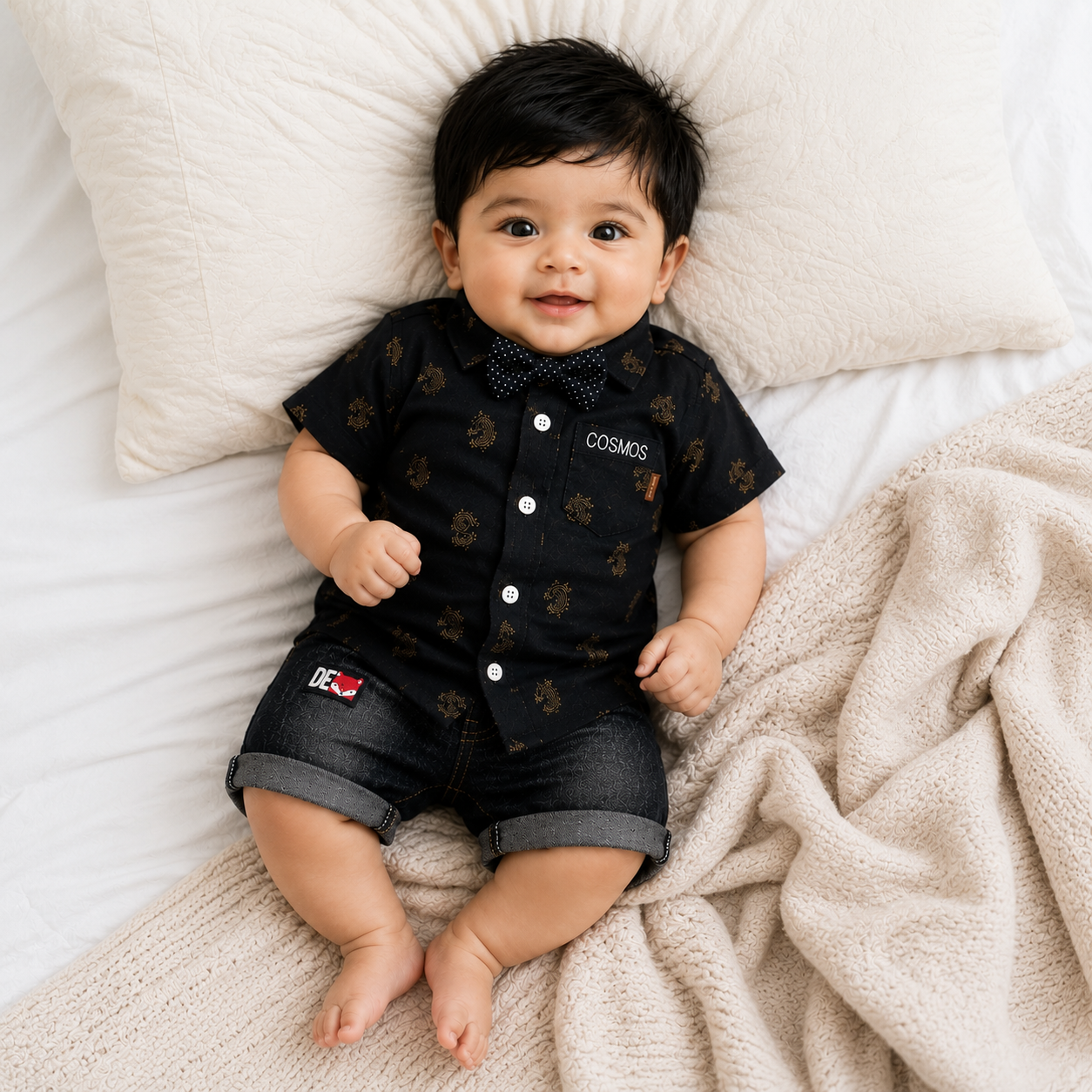Baby Boys Formal Summer Outfit Set with Bow Tie & Shorts – Available in White, Black & Sky Blue