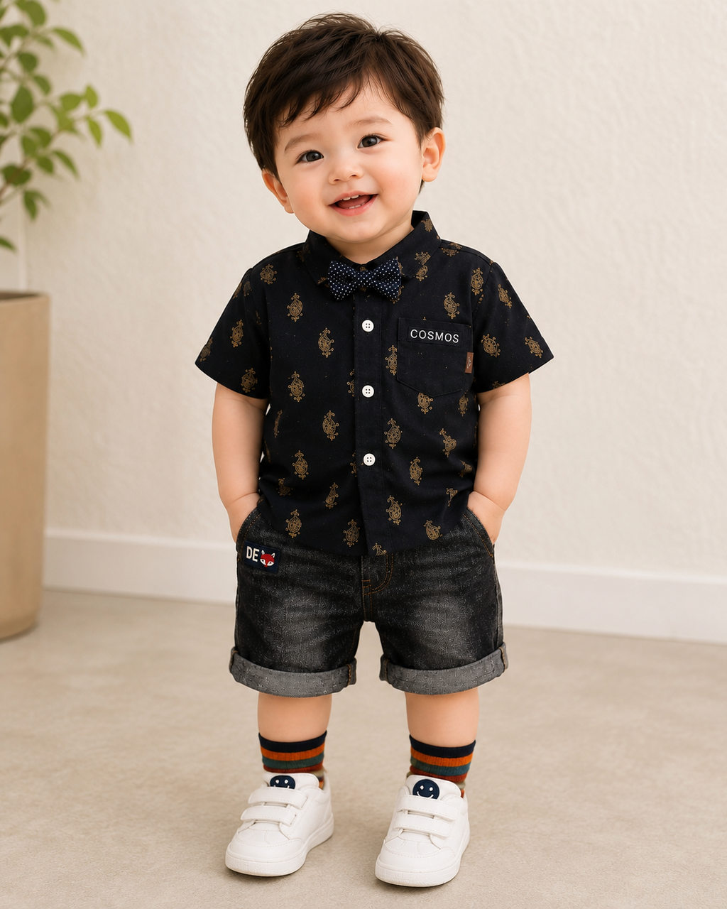 Baby Boys Formal Summer Outfit Set with Bow Tie & Shorts – Available in White, Black & Sky Blue