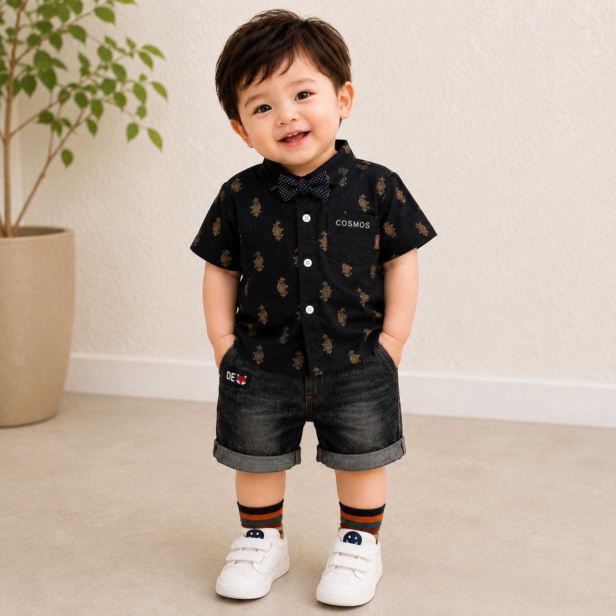 Baby Boys Formal Summer Outfit Set with Bow Tie & Shorts – Available in White, Black & Sky Blue