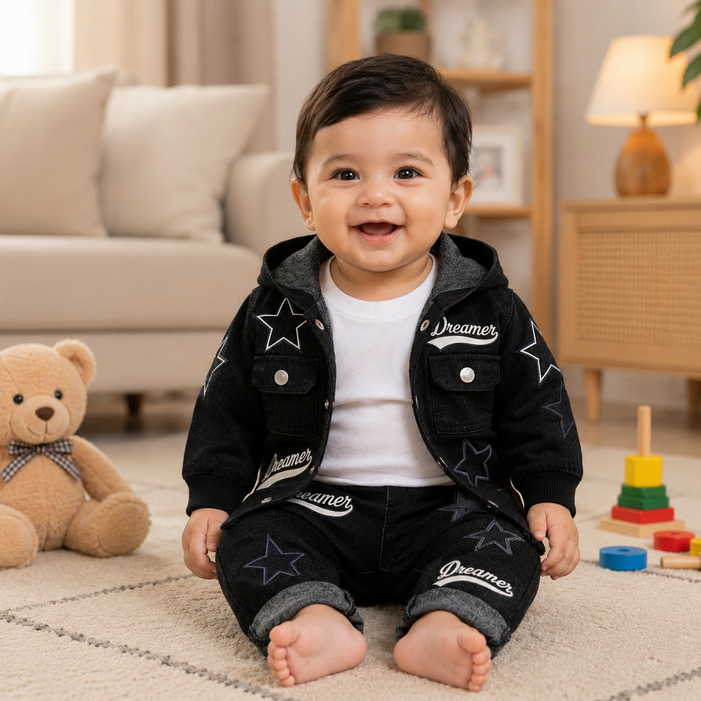 Dreamer Star Denim Jacket & Pants Set for Baby Boys 🌟 Premium 3-Piece Co-ord Set | 4 Colors Available