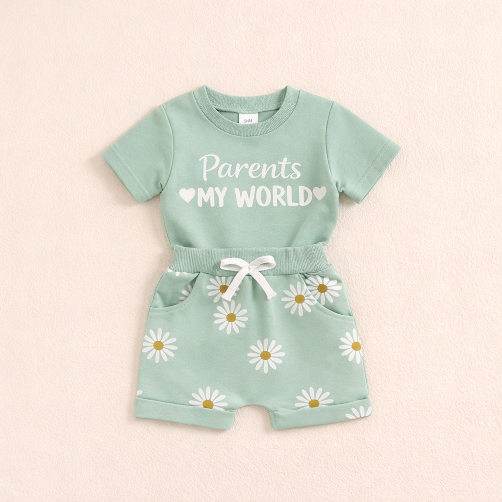 🌸 Parents My World Kids Summer Co-Ord Set 💖 | Soft Cotton T-Shirt & Daisy Shorts Combo (3 Colors, 0–5 Years)