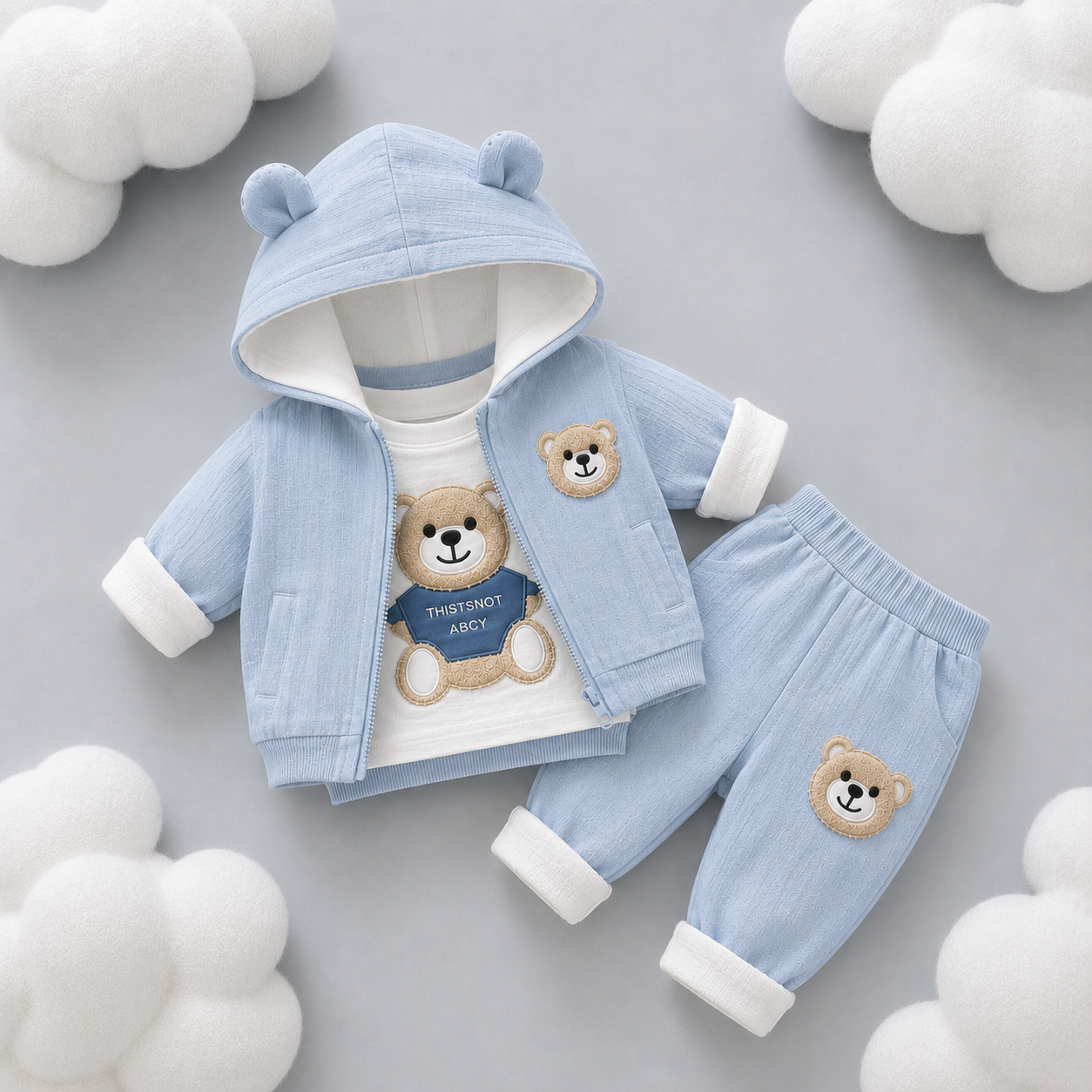 🧸 Cute Bear Hoodie 3-Piece Baby Clothing Set | Soft Cotton Blend Jacket, T-Shirt & Jogger Pant | Premium Kids Outfit | Unisex | All Season Wear (0-5 Years)