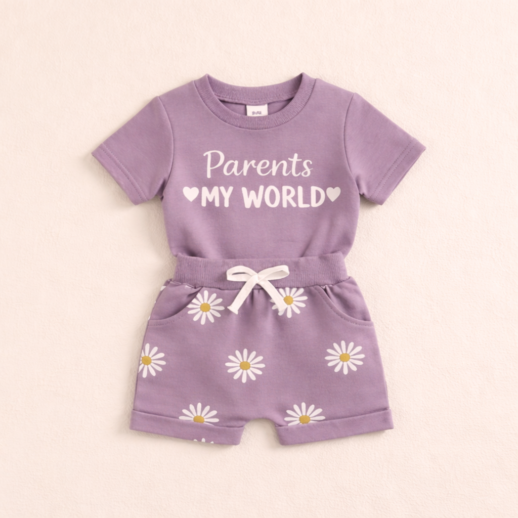 🌸 Parents My World Kids Summer Co-Ord Set 💖 | Soft Cotton T-Shirt & Daisy Shorts Combo (3 Colors, 0–5 Years)