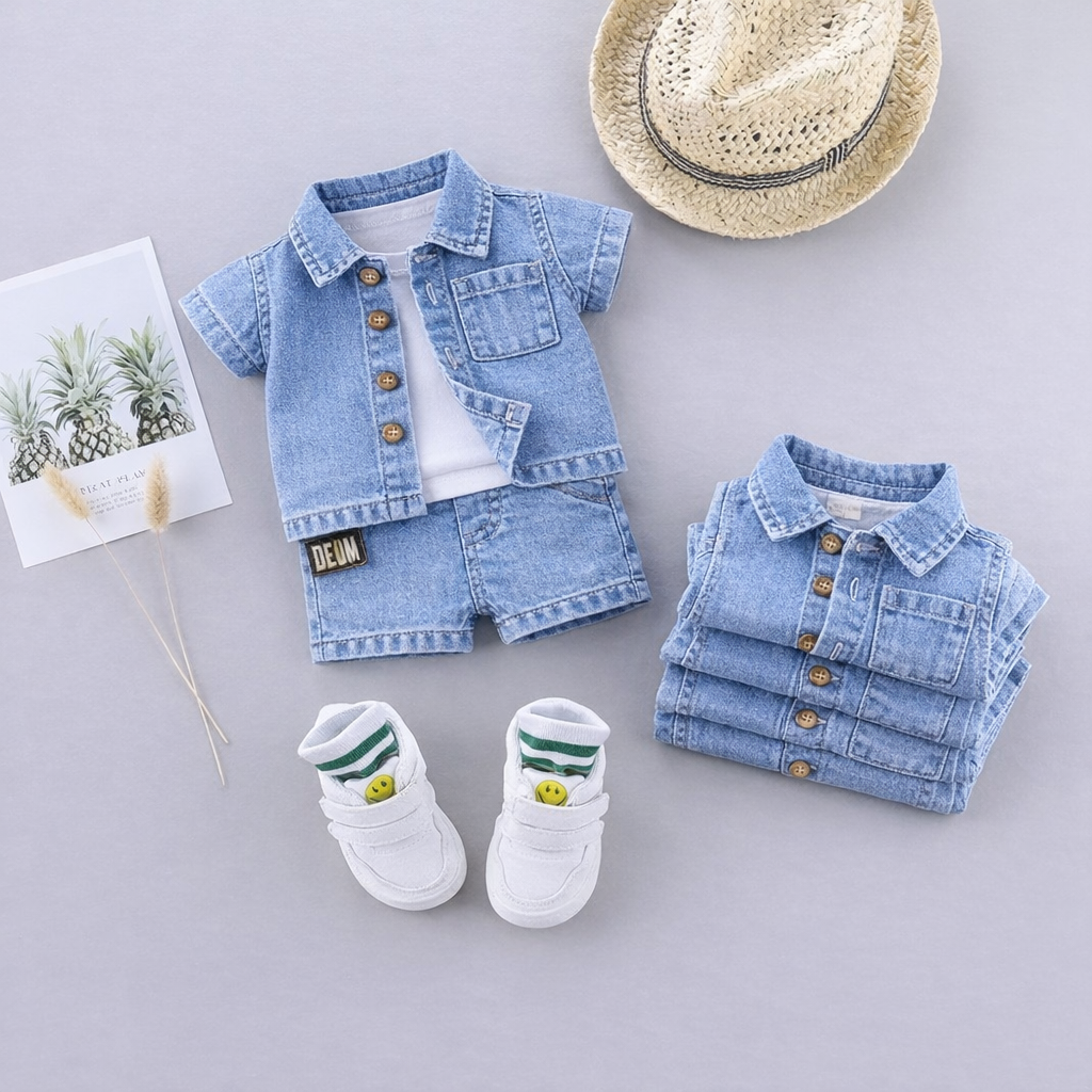 ✨ Cute Baby Denim Outfit Set – Shirt, T-Shirt & Shorts Combo 👶💙