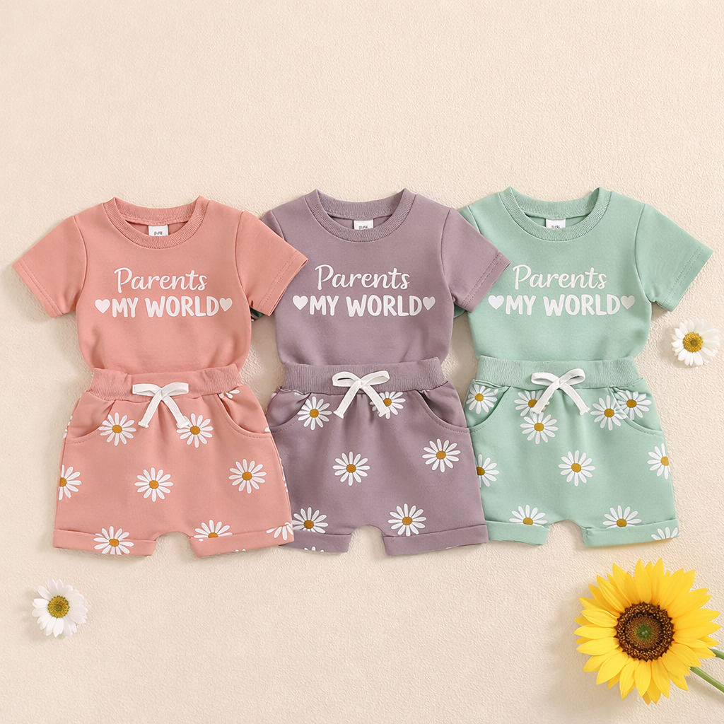 🌸 Parents My World Kids Summer Co-Ord Set 💖 | Soft Cotton T-Shirt & Daisy Shorts Combo (3 Colors, 0–5 Years)