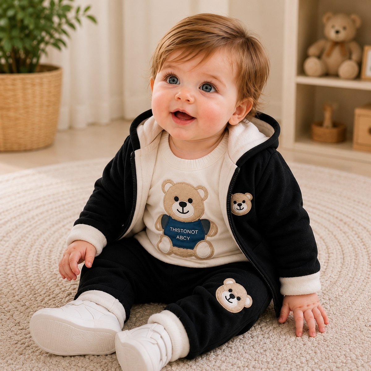 🧸 Cute Bear Hoodie 3-Piece Baby Clothing Set | Soft Cotton Blend Jacket, T-Shirt & Jogger Pant | Premium Kids Outfit | Unisex | All Season Wear (0-5 Years)