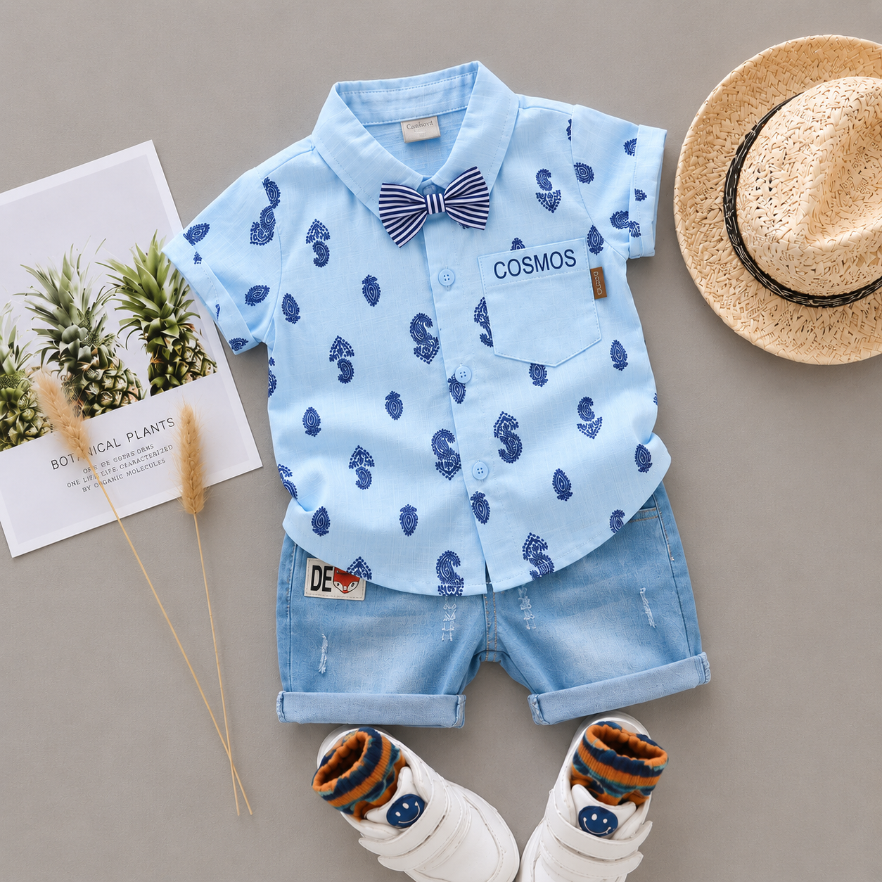 Baby Boys Formal Summer Outfit Set with Bow Tie & Shorts – Available in White, Black & Sky Blue
